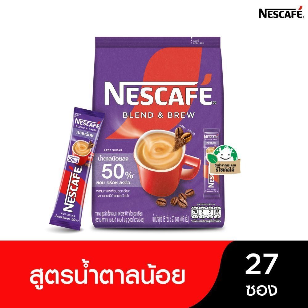 [สินค้าส่งด่วน] เนสกาแฟเบลนด์แอนด์บรูน้ำตาลน้อย15กX27ซ NESCAFE BLENDANDBREW LESSSUGAR 15GX27S
