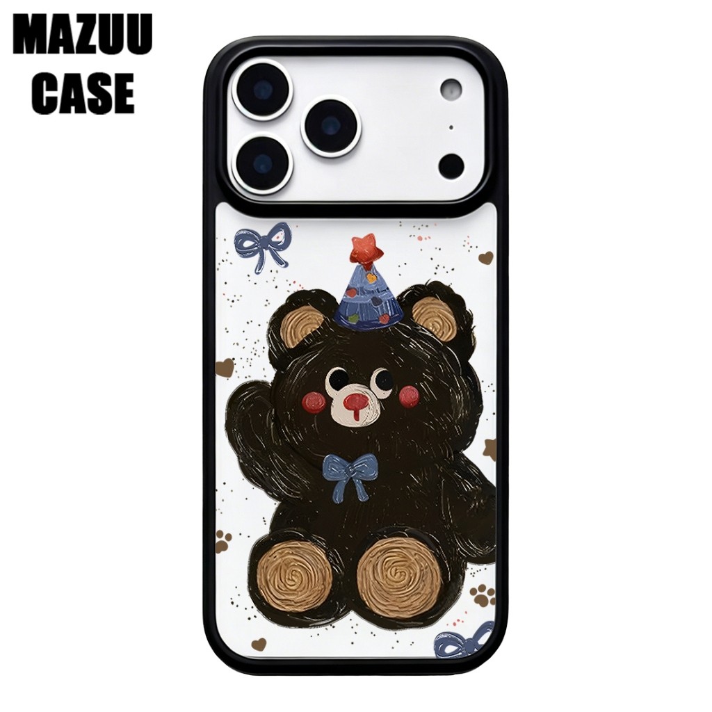 เคสไอโฟน TPU ขอบดำ หลังแข็งใส กันกระแทก ลายหมีดำสไตล์คาวาอี สำหรับ iPhone 17 16 15 14 13 12 11 Pro Max Plus