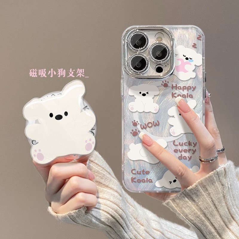 สัตว์น่ารักวงเล็บแม่เหล็กเหมาะสําหรับ Apple 15 Feather เส้นด้ายเคสโทรศัพท์ 14PRO รวมทุกอย่างฟิล์มเลน