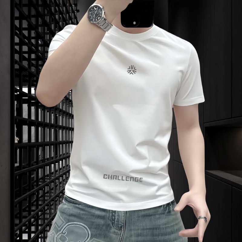 เสื้อยืดผ้าฝ้ายแท้ High-End Street Wear เสื้อยืดผู้ชาย High-End เสื้อยืดแขนสั้นผู้ชายเสื้อฐานด้านใน 