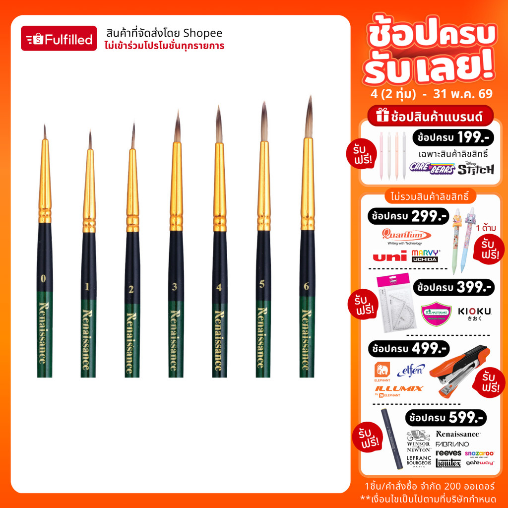 Renaissance พู่กัน พู่กันสีน้ำ ชนิดหัวกลม No.0 - 6 จำนวน 1 ด้าม