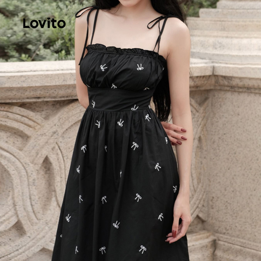 Lovito เดรสลำลองผูกโบว์ระบายสีดำและขาวสำหรับผู้หญิง LK3AD323