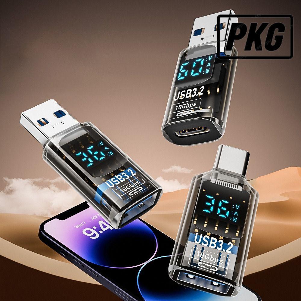 REPKG 1 ชิ้น Power Meter Tester, 36-60W 10Gbps USB 3.2 อะแดปเตอร์, จอแสดงผล LED ดิจิตอลคุณภาพสูงส่งข้อมูลสมาร์ทชิปแล็ปท็อป Type-C Converter โทรศัพท์มือถือ