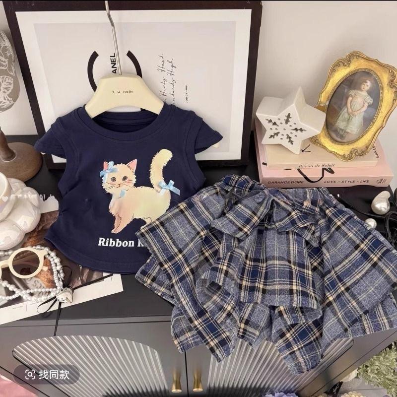 พร้อมส่งจากไทยค่ะ ชุดเซ็ตเด็กผู้หญิง แต่งลายสก๊อตสีน้ำเงิน เสื้อแขนตุ๊กตา+กางเกงมีซับใน GH877