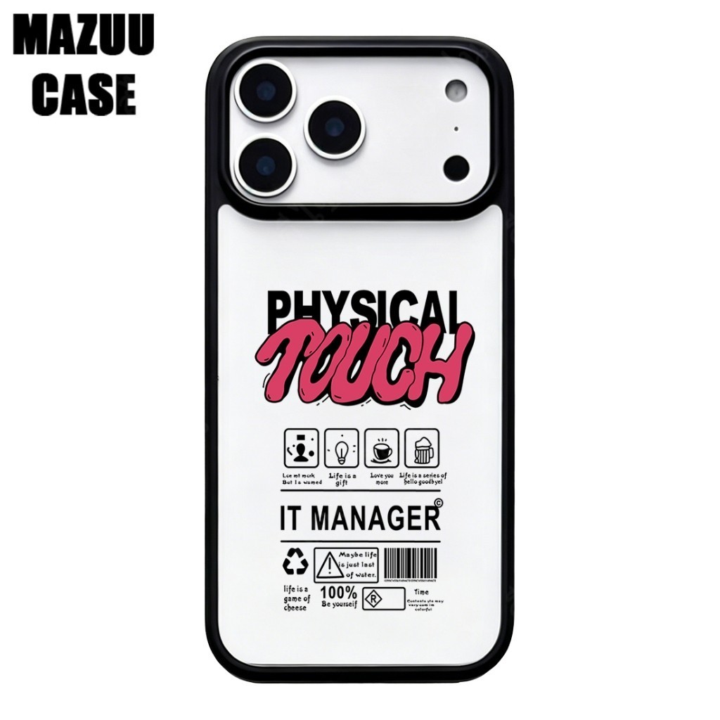 เคสไอโฟน TPU ขอบดำ หลังแข็งใส ลายข้อความ “PHYSICAL TOUCH” สไตล์กราฟฟิตี้สีชมพูดำ สำหรับ iPhone 17 16