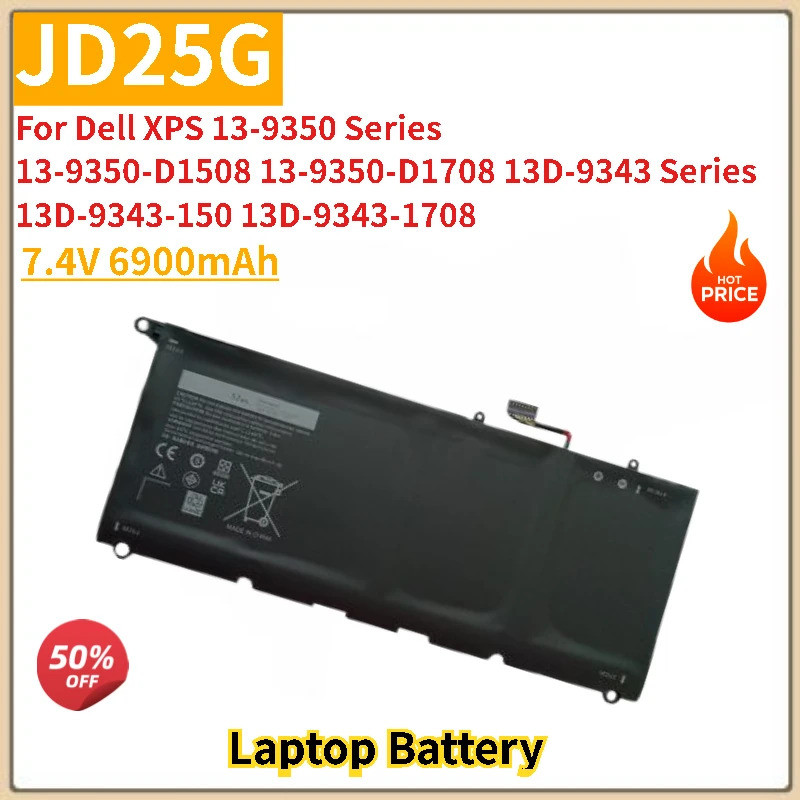 แบตเตอรี่แล็ปท็อป JD25G 7.4V 6900mAh สําหรับ Dell XPSXPS 13 9350 9343 8350 9360 13D-9343-1708 3708 1