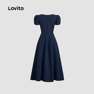 Lovito สง่างาม ชุดเดรสดีไซน์หรูหราโครงสร้างผ้าเจาะการ์ด จัคการ์ด สำหรับฤดูใบไม้ผลิ/ฤดูร้อน สีน้ำเงินกรม(กรมท่า) L149LD099
