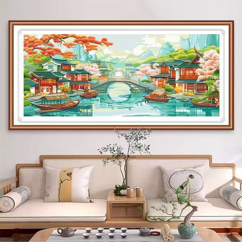 ความทรงจําปักครอสติ Jiangnan ห้องนั่งเล่นภูมิทัศน์ภาพวาดภูมิทัศน์การพิมพ์ที่แม่นยําด้ายมือเย็บปักถักร้อย