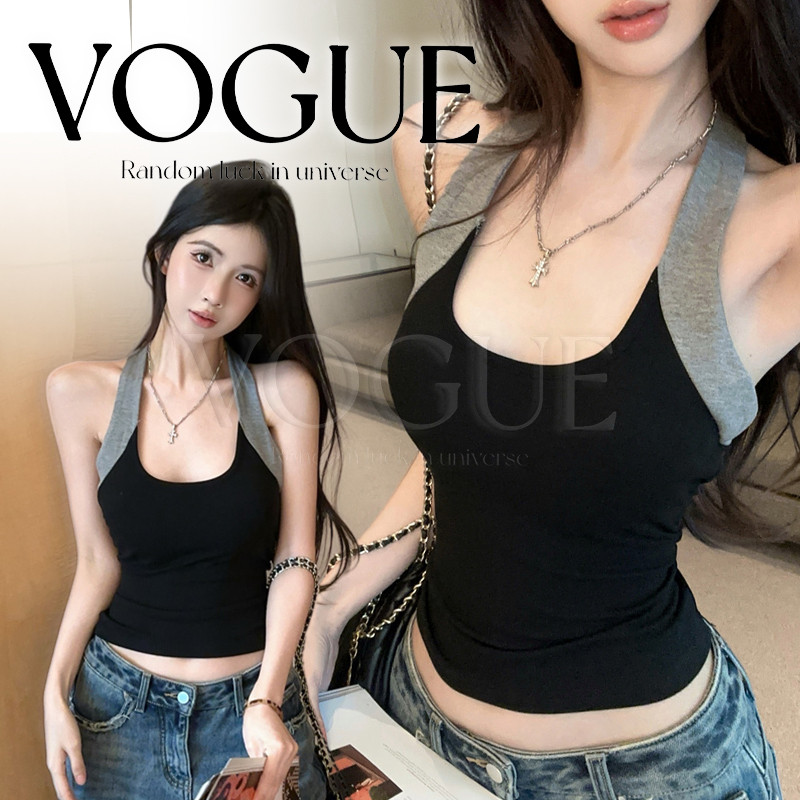 Vogue🌟พร้อมส่ง🌟 เสื้อคล้องคอผ้ายืดทรูโทน เว้าหลังสวยมาก เข้ารูปสไตล์สตรีท (FY9096#1)
