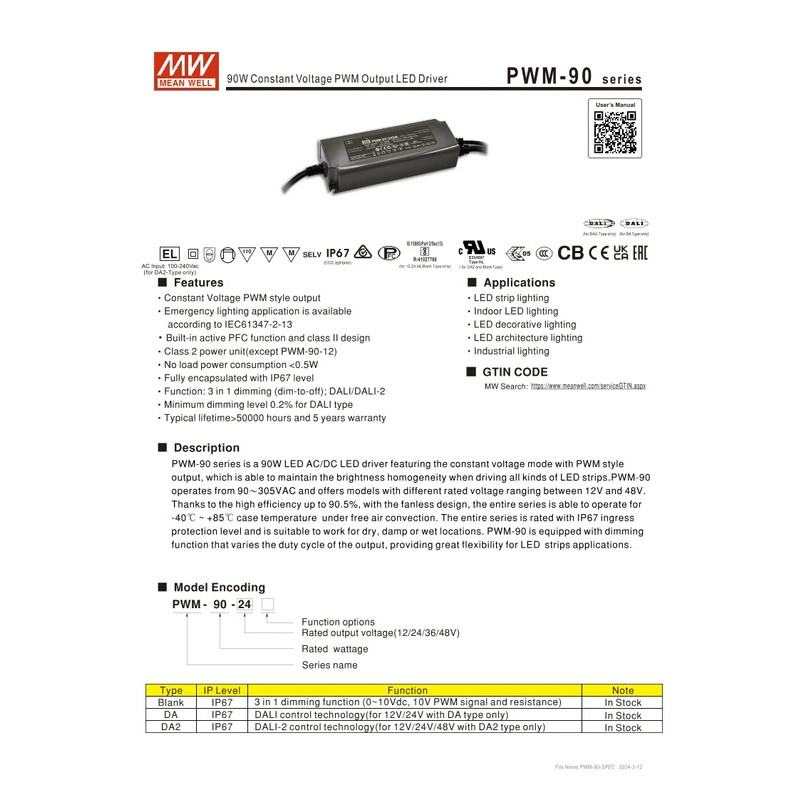 MEAN WELL แหล่งจ่ายไฟสลับ PWM-90 PWM-90-12 PWM-90-24 PWM เอาต์พุต IP67 กันน้ํา DA2 Dimming