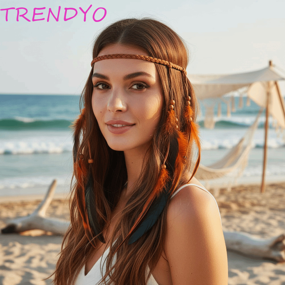 TRENDYO ยาว Feather Headpiece, Cascading Tassels Intricate Beadwork ที่คาดผมพู่โบฮีเมียน, สายถัก Hand-tied Plumage ธรรมชาติ Earthy Tones Tribal Feather Hair Extensions
