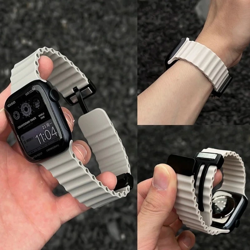 สายซิลิโคนแม่เหล็กมหาสมุทรสําหรับ Apple Watch 46/49/45/44/42/41/40/38 มม. Series 1-11 SE Ultra – สายรัดกีฬาระบายอากาศพร้อมพื้นผิวคลื่น