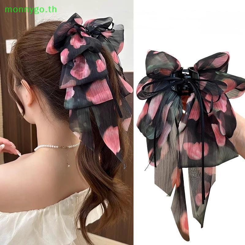 คลิปผม.Multi-layer bow ribbon แบบหางม้า พร้อมลายพู่.ribbon fluttering สวยงาม