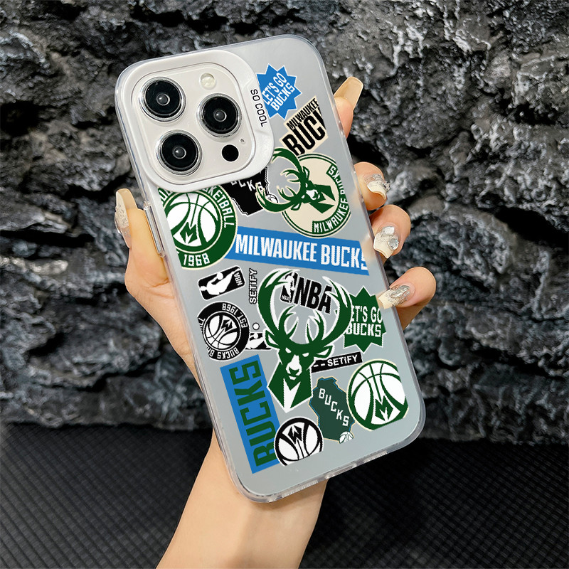 Milwaukee Bucks NBA เคส iPhone สีเงินพร้อมสติ๊กเกอร์สําหรับ iPhone 11 12 13 14 15 16 17 Pro Max