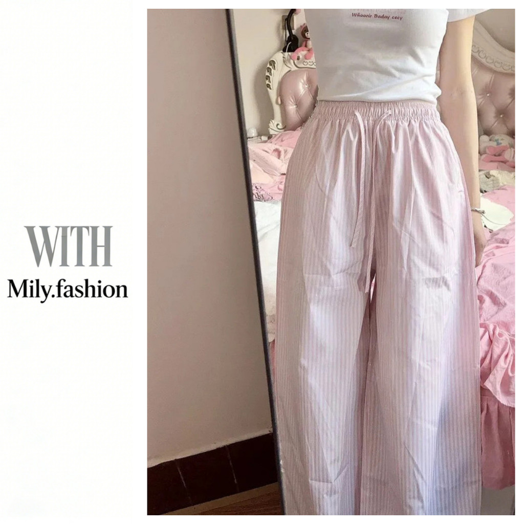 Milyfashion ฤดูร้อน Retro สไตล์ขี้เกียจขนาดเล็กสดลายแนวตั้งขากว้างหลวม Mopping กางเกงลําลองบางผู้หญิงอินเทรนด์