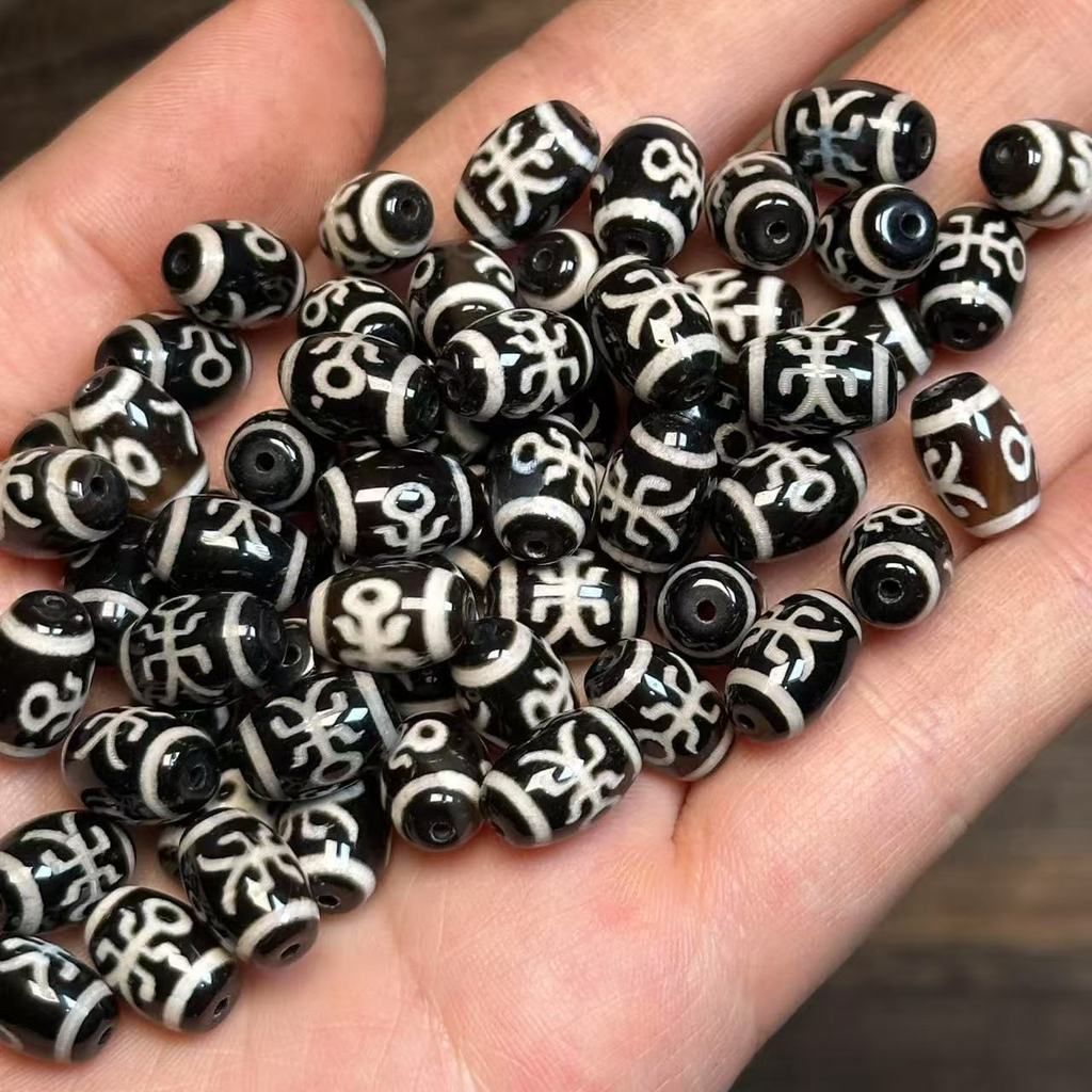 ลูกปัดอาเกตสีดําธรรมชาติ Dzi ประมาณ 8x12 มม.Noble Totem DIY สร้อยข้อมือสร้อยคอ Spacer ลูกปัดสีแดง 0A