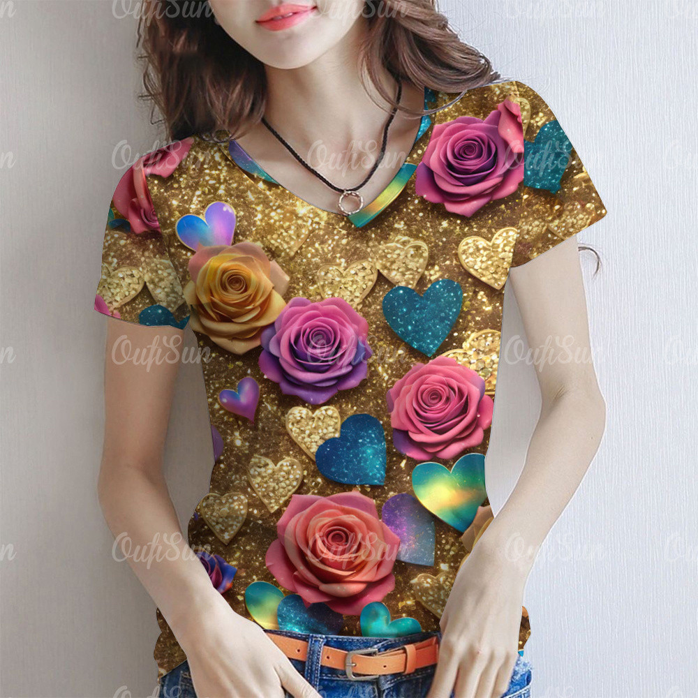 2026 แฟชั่น Avant garde 3D พิมพ์เสื้อยืดแขนสั้น - ดอกไม้พิมพ์ชุดลําลองสบาย