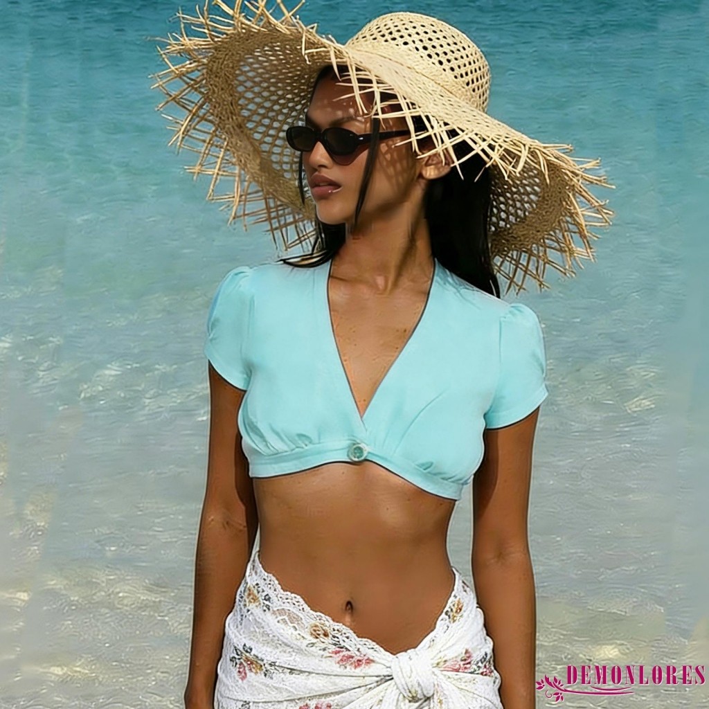 Demonlores-ผู้หญิงฤดูร้อน Crop Tops Casual สไตล์สีทึบตกแต่งปุ่ม V คอแขนสั้น Crop เสื้อยืด