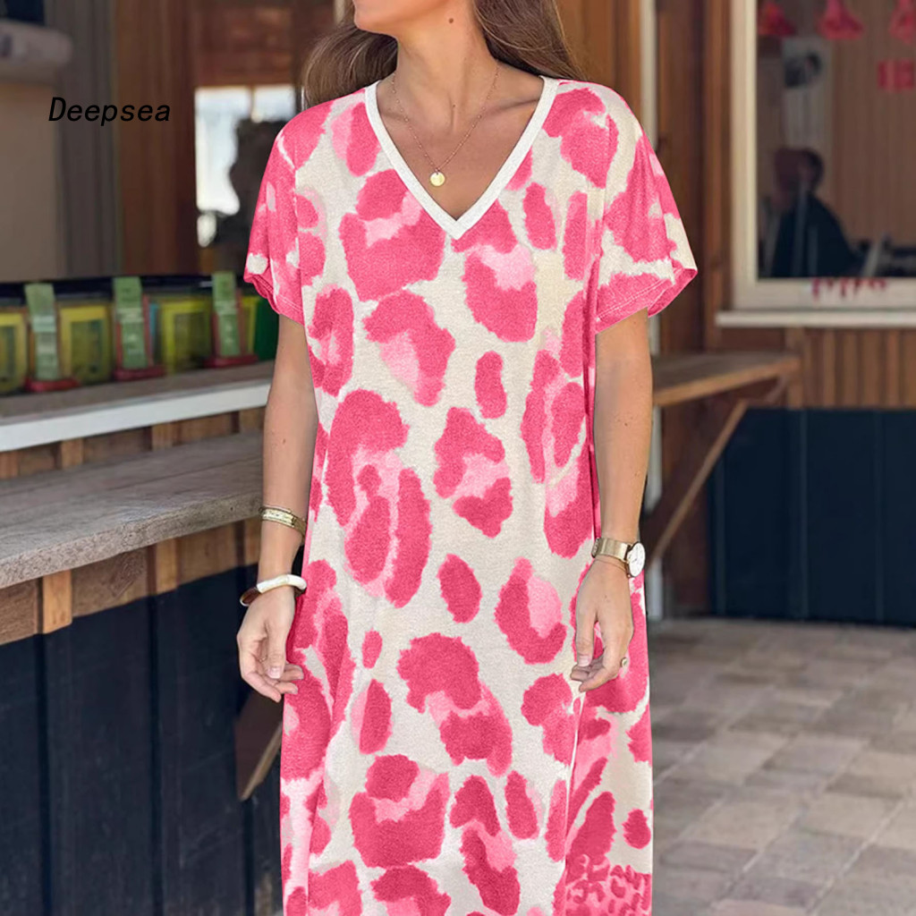 DPA Maxi Dress ลายเสือดาว คอV แขนสั้น น้ำหนักเบา สำหรับใส่ทะเลและทุกวัน