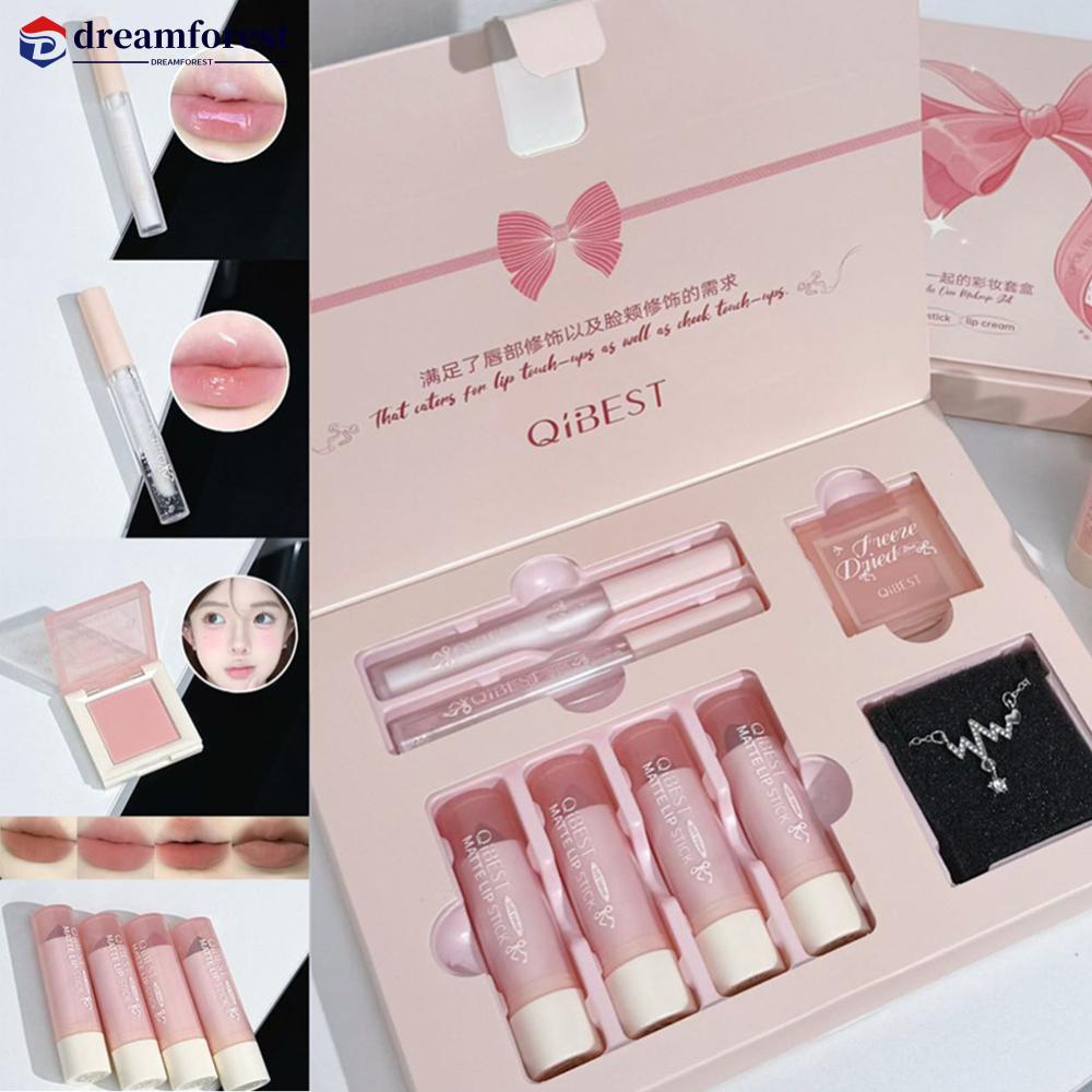 DFS 7 ชิ้น/กล่องลิปสติกแป้ง Blusher Lip Oil Sleeve กล่องน่ารัก Bow Tie สร้อยคอแต่งหน้าของขวัญกล่องชุ