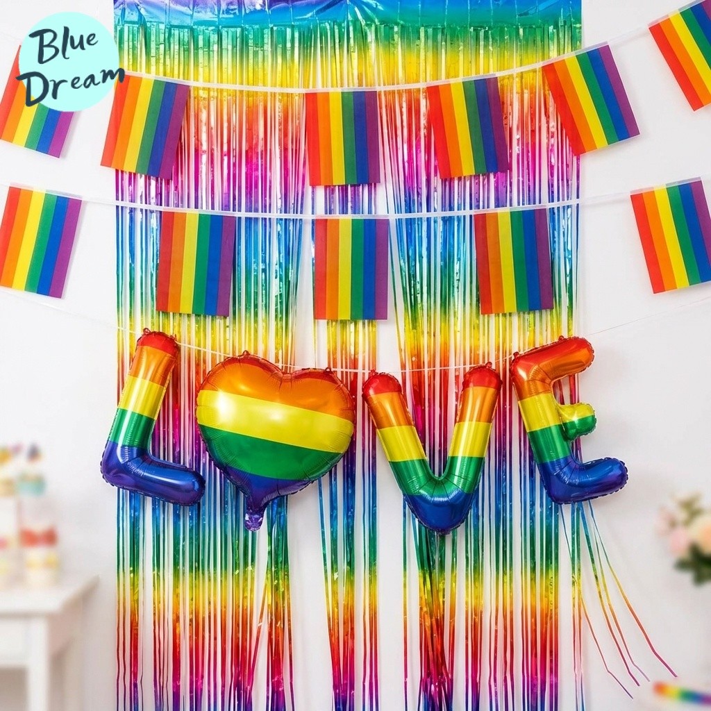 🌈ชุดตกแต่ง LGBT,ชุดตกแต่ง Pride Month, ลูกโป่งสีรุ้ง, ป้ายแบนเนอร์ LOVE ธงสายรุ้ง+ผ้าปูโต๊ะ