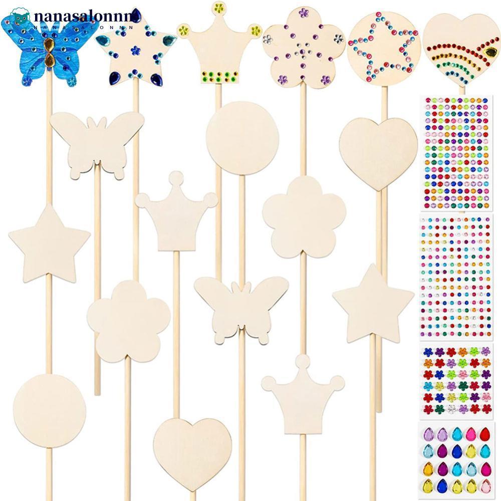 NANASALONNN 6/12 ชิ้นยังไม่เสร็จไม้ Princess Wands Craft Kit 6 รูปแบบ Fairy Wands พร้อมสติกเกอร์อัญม
