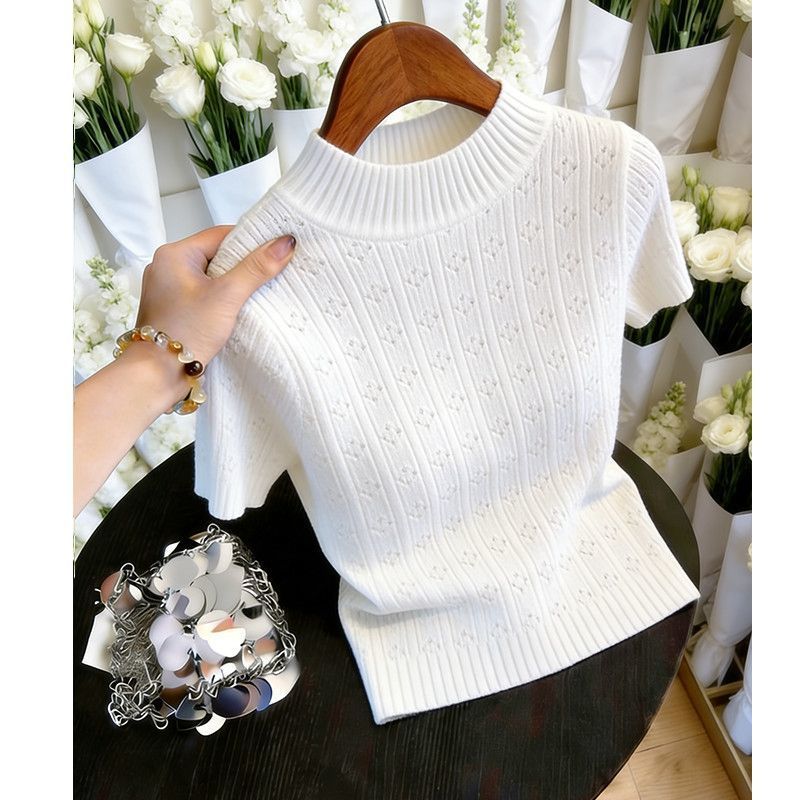 ฝรั่งเศสหวานลมครึ่งคอสูงแขนสั้นเสื้อยืดถัก|ผู้หญิงในช่วงต้นฤดูร้อนใหม่หลุมออกแบบเสื้อท็อปส์ลดอายุและผอมผอมอารมณ์อ่อนโยนลมเสื้อ