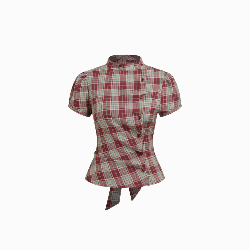 สไตล์เกาหลีRetro Contrastสีลายสก๊อตStand-Upคอปกแขนสั้นเสื้อผู้หญิงแคบ-เอวLaced-UpพัฟแขนSlim-Fit SlimmerดูAll-Match Top