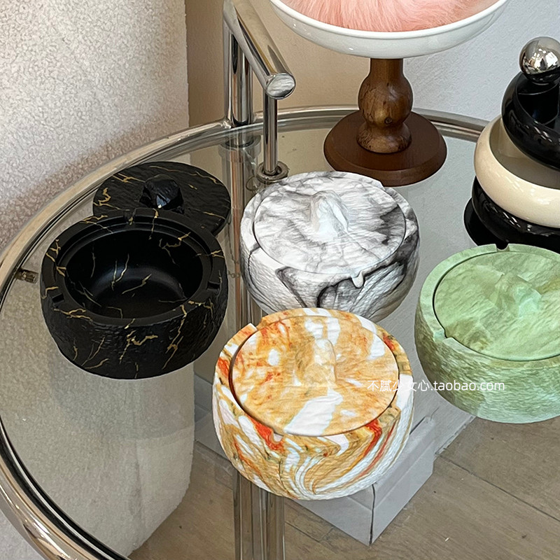 Ins Marble Texture บรรยากาศรู้สึก High-End Feel Ashtray พร้อมฝาปิดเครื่องประดับสํานักงานกล่องตกแต่งบ้าน
