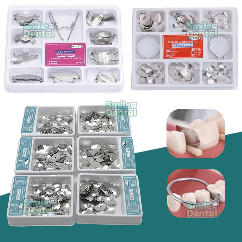 ชุดอุปกรณ์เมทริกซ์ทันตกรรม 100 ชิ้น – Dental Saddle Matrix Band, Dental Sectional Contoured Matrix Band