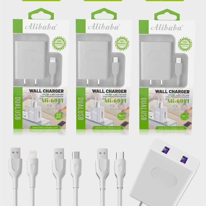 Mstar "Ali-6011 Alibaba 18W Fast Charger 2.4A Dual USB Port Charger พร้อมสายเคเบิลข้อมูล I0S/Micro/T