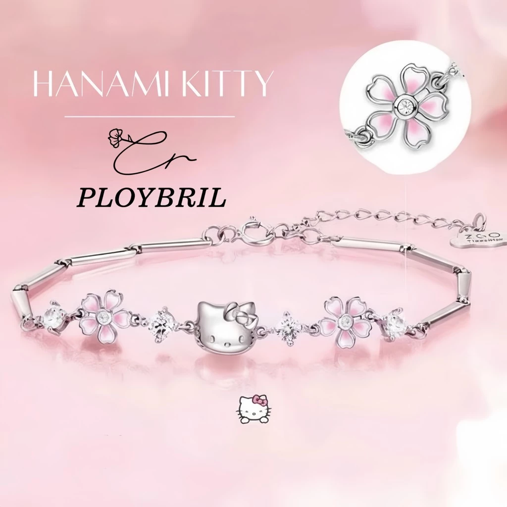 PLOYBRIL✨กำไลข้อมือเงินแท้ Hanami Kitty สร้อยข้อมือคิตตี้ลายดอกซากุระ กำไลผู้หญิงสไตล์เกาหลี เงิน925 S034