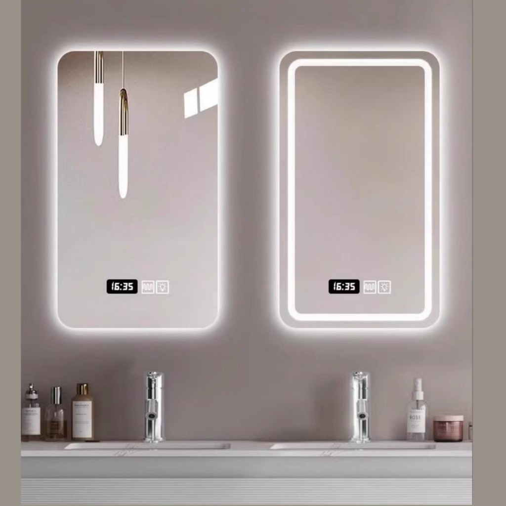 กระจกแต่งหน้าห้องน้ำ LED สไตล์โมเดิร์น มีฟังก์ชันลดหมอก ปรับแสง 3 สี，ทนทานและใช้งานยาวนาน