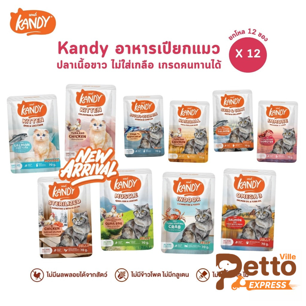 Kandy แคนดี้ [ยกโหล 12 ซอง] อาหารเปียกแมว ไม่ใส่เกลือ ผลิตจากปลาเนื้อขาว ขนาด 70 กรัม