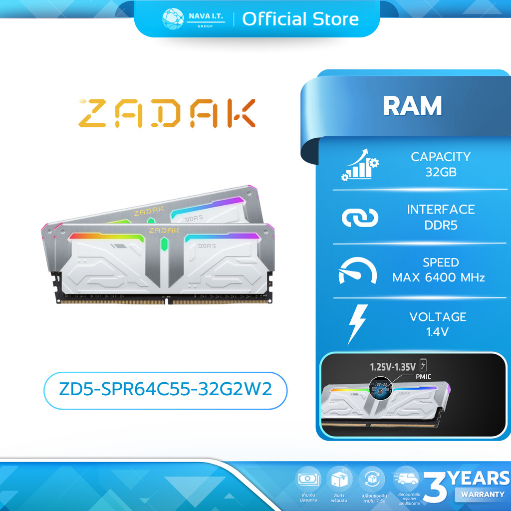 ZADAK RAM (แรม) SPARK 32GB DDR5 DIMM 6400MHz RGB WHITE AURA2 ZD5-SPR64C55-32G2W2 WARRANTY 3 YEAR