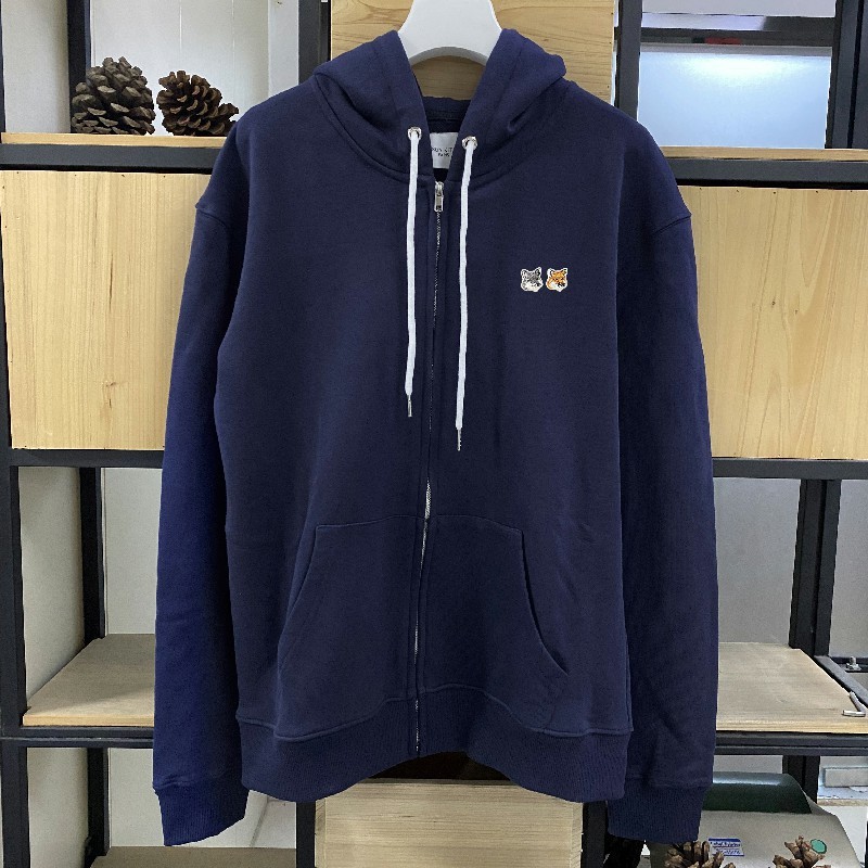 Maison Kitsuné ใหม่สไตล์ลําลองผ้าฝ้ายแท้ซิปเสื้อกันหนาวหมวกปักสีเทาสีเหลืองฟ็อกซ์หัวเสื้อกันหนาวเสื้