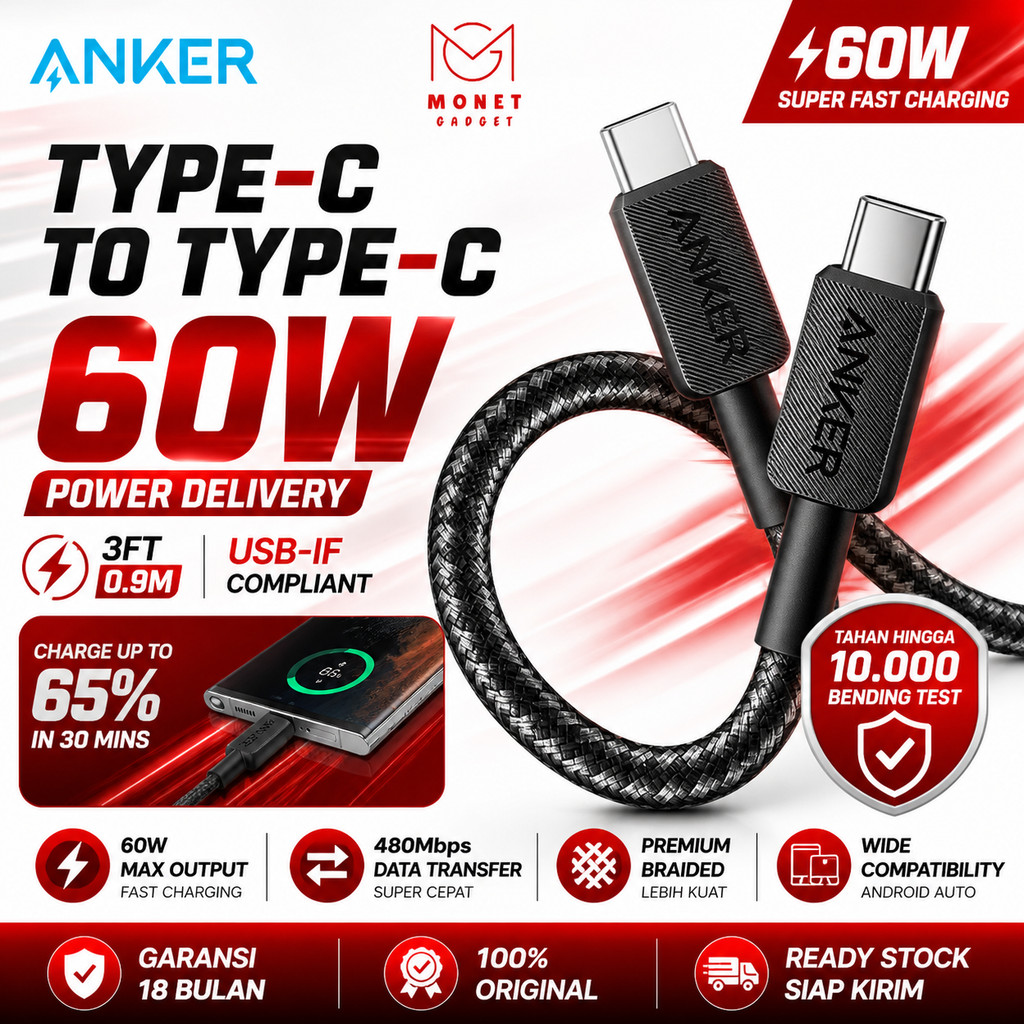 [MONET] ANKER 322 สายชาร์จ USB-C to USB-C (แบบถัก 3 ฟุต) - A81F5
