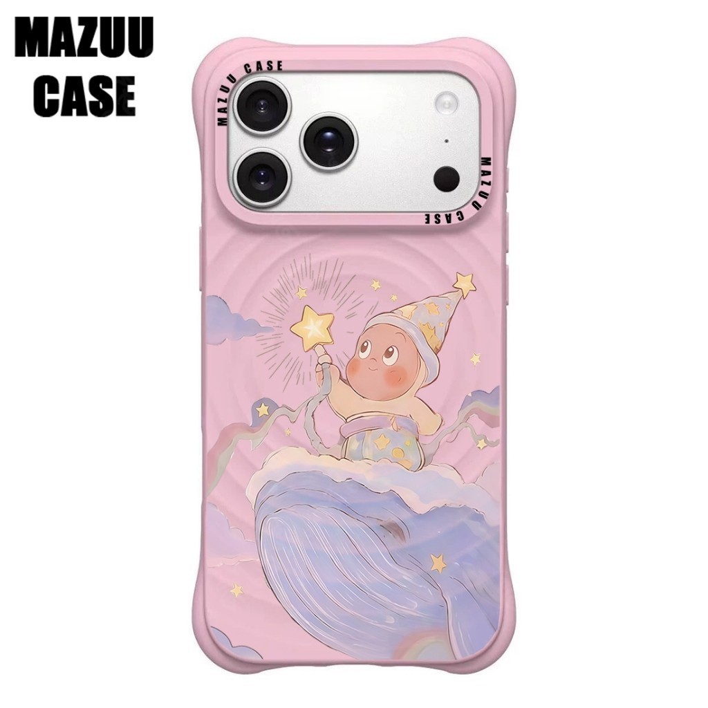เคสไอโฟน ซิลิโคนสีชมพู แม่เหล็ก กันกระแทกมุม ลายตัวการ์ตูน Twinkle บนวาฬสายรุ้ง สำหรับ iPhone 17 16 15 14 13 12 11 Pro M