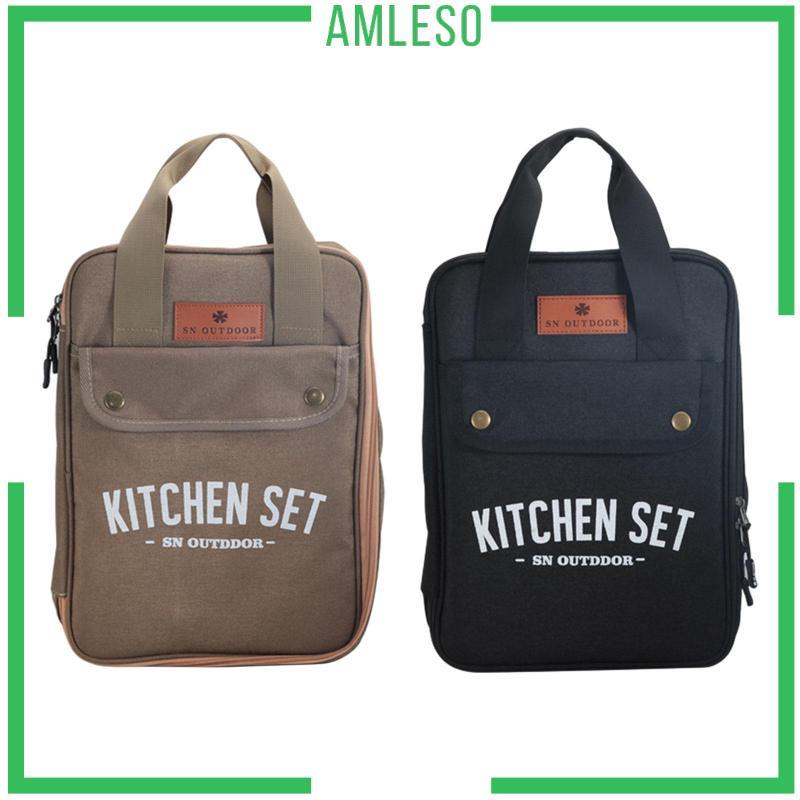 [Amleso] Camping Utensils Organizer ผ้า Oxford กันน้ํากระเป๋าเดินทางทําอาหารเครื่องครัวกระเป๋าสําหรั