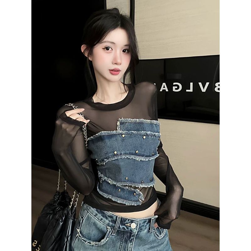 [โปรโมชั่นจํากัดเวลา] อเมริกันออกแบบ เดนิม หมุดย้ํา เย็บผ้ากอซเสื้อยืดผู้หญิงฤดูร้อนแฟชั่นด้านบนเซ็กซี่ จุดต่ําสุด เสื้อ