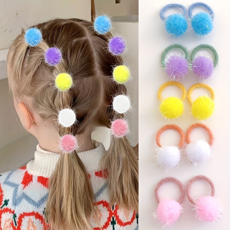 10 ชิ้น Girls Cute Glitter Pom-pom Hair Ties ยางรัดผมแบบยืดหยุ่นสําหรับสาวน้อย
