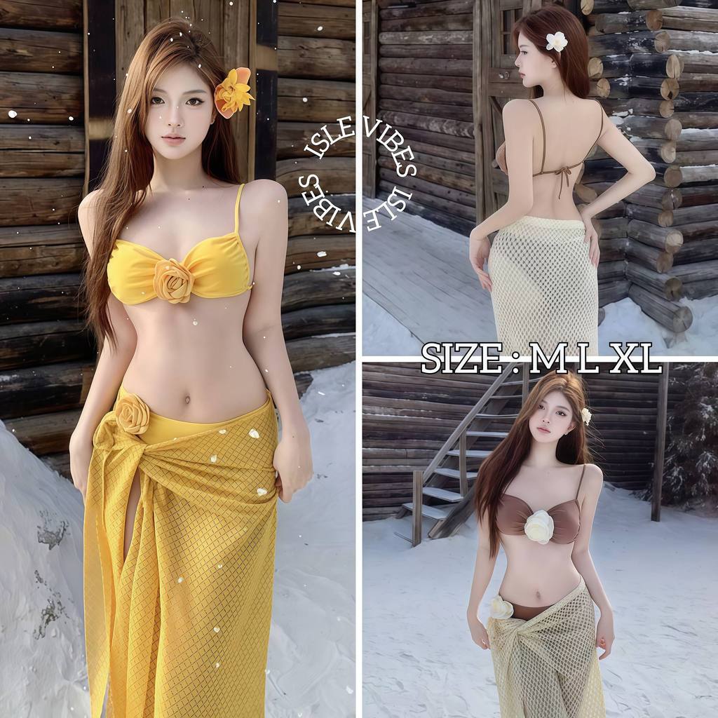 ISLE VIBES บิกินี่กระโปรงยาว ชุดว่ายน้ำ 3 ชิ้น พร้อมผ้าคลุมซีทรู 💗 มีไซส์ M-XL | น้ำหนัก 40-65 กก. ส่งไว  Y570