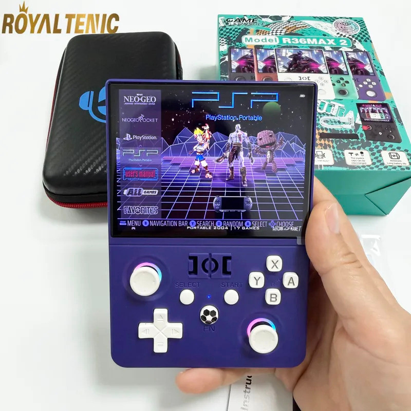 ใหม่ R36 Max2 Retro คอนโซลเกมมือถือ Linux ระบบ 4.5 นิ้วหน้าจอ IPS 64G/128G ในตัว 18000 + เกมเครื่องเ