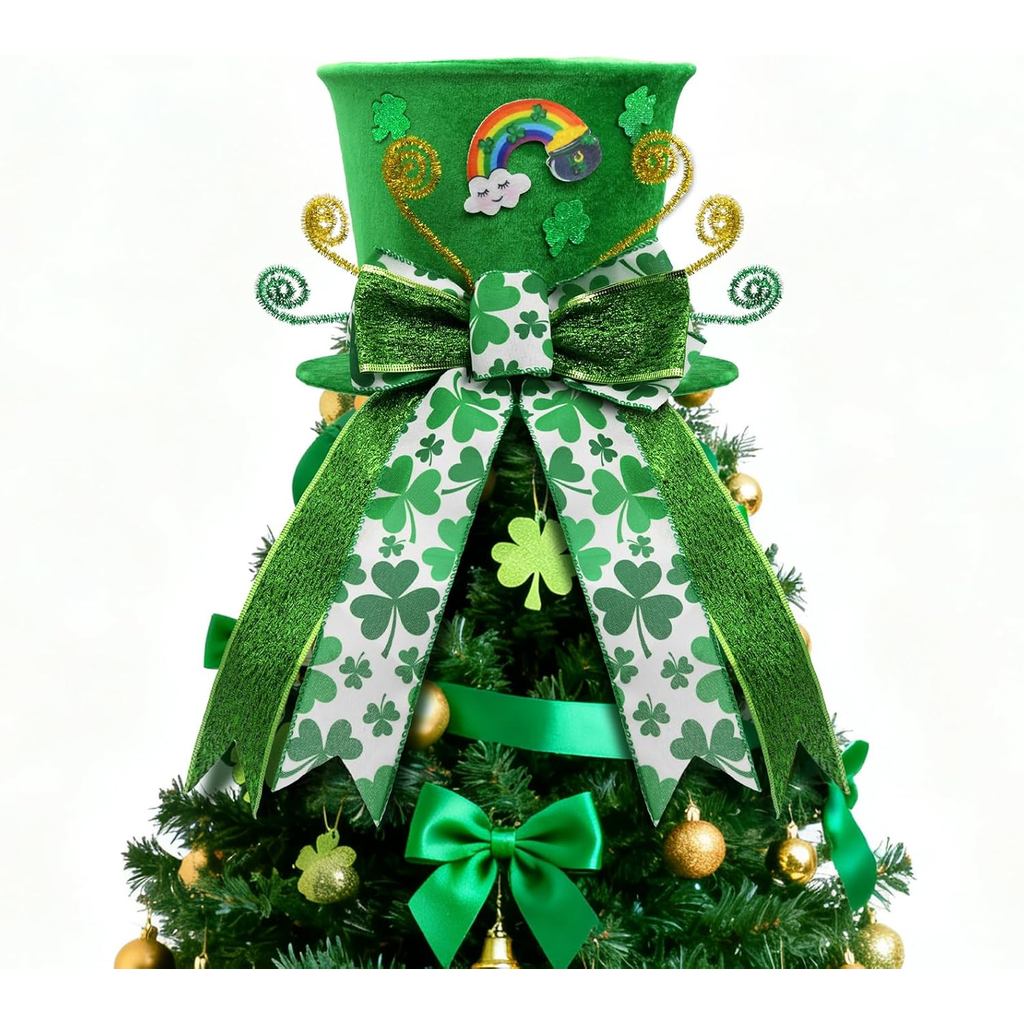 เซนต์. Patricks Day Tree Topper Hat, Green Velvet Top Hat Tree Topper with Shamrock Ribbon Bow, St. 