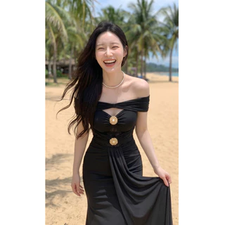 แม็กซี่เดรส หางปลา ผ้าตาข่าย สีครีม พร้อมสายคล้องคอ/ไหล่เอวแต่งลูกไม้ซีทรู จับจีบระบายหน้า แถมฟรี เข็มกลัดดอกไม้ #8187