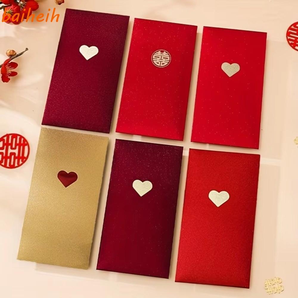 ไป่เหอห์ 6 ชิ้นซองจดหมายสีแดง, สามสีปีแพ็คเก็ตสีแดง, 17*9 ซม. รูปแบบความรักประณีตโชคกระเป๋าเงินวันวาเลนไทน์
