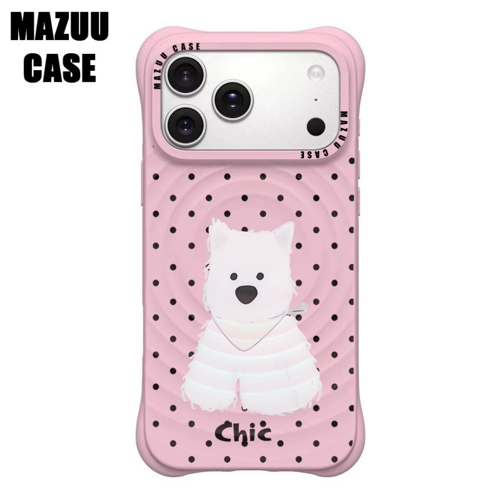 เคสแม่เหล็กไอโฟน ซิลิโคนสีชมพู ลายสุนัขเวสตี้ลายจุด คลื่น