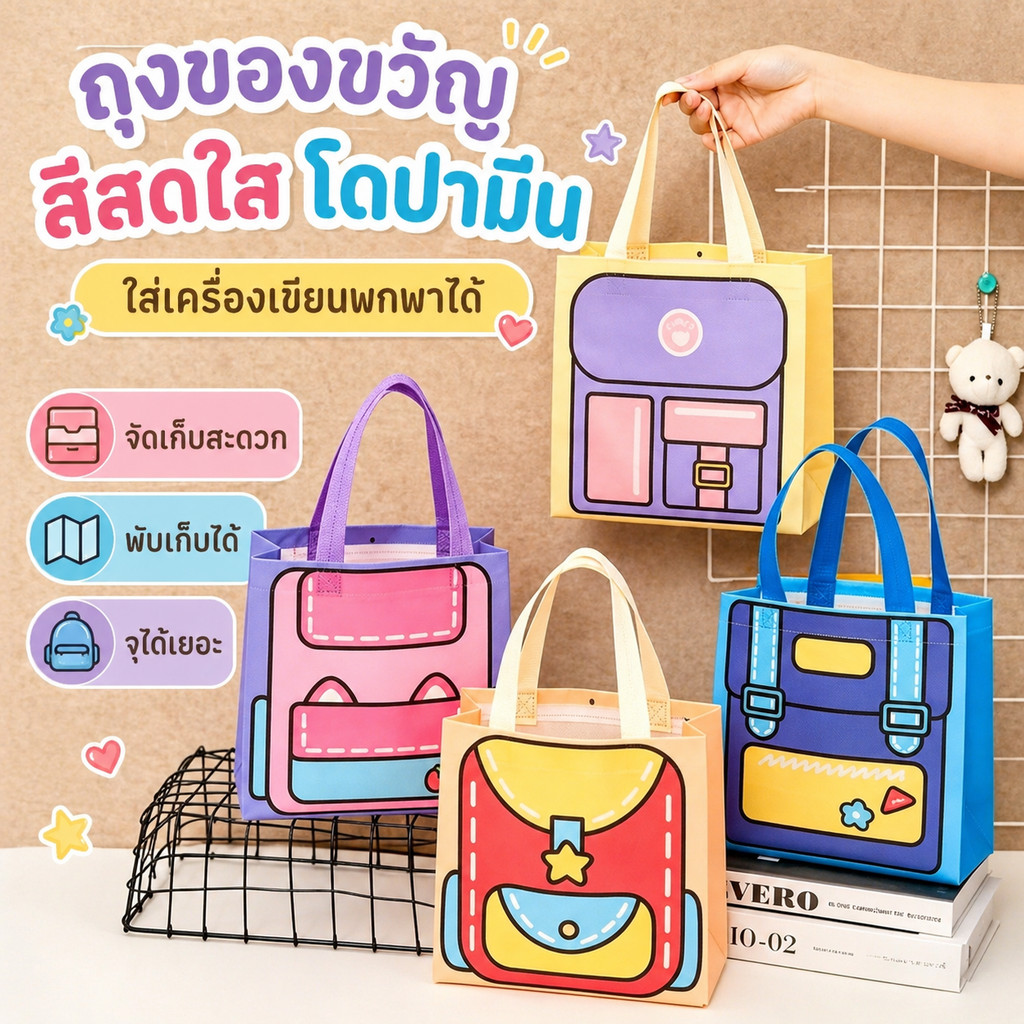 ถุงช้อปปิ้ง ถุงของขวัญ กระเป๋าถือ ใส่อาหารและกล่องข้าว สามารถใส่อุปกรณ์ไปโรงเรียนได้ ถุงผ้าช้อปปิ้งที่นำกลับมาใช้ใหม่ได้