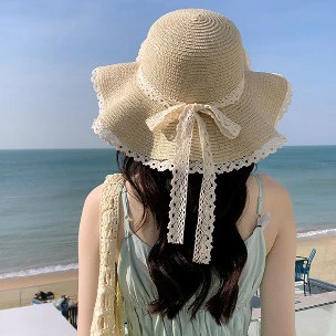 Retro Sparkle🥨👒โค้งคำนับ ขอบลูกไม้ หมวกฟางกันแดด สไตล์วันหยุด ขอบหยัก หมวกชายหาดของชาวประมง คุณภาพสูง ส่งไวจากไทย