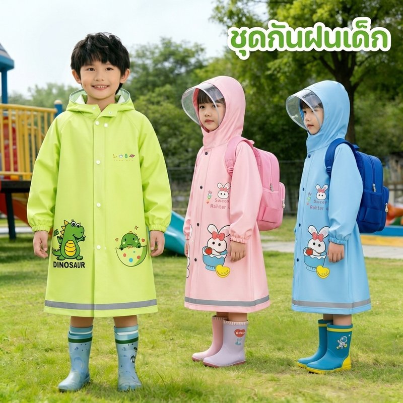 เสื้อกันฝนสำหรับเด็ก พร้อมฮู้ดและแถบสะท้อนแสง สไตล์การ์ตูน น้ำหนักเบา เหมาะสำหรับโรงเรียนและการท่องเที่ยวกลางแจ้ง